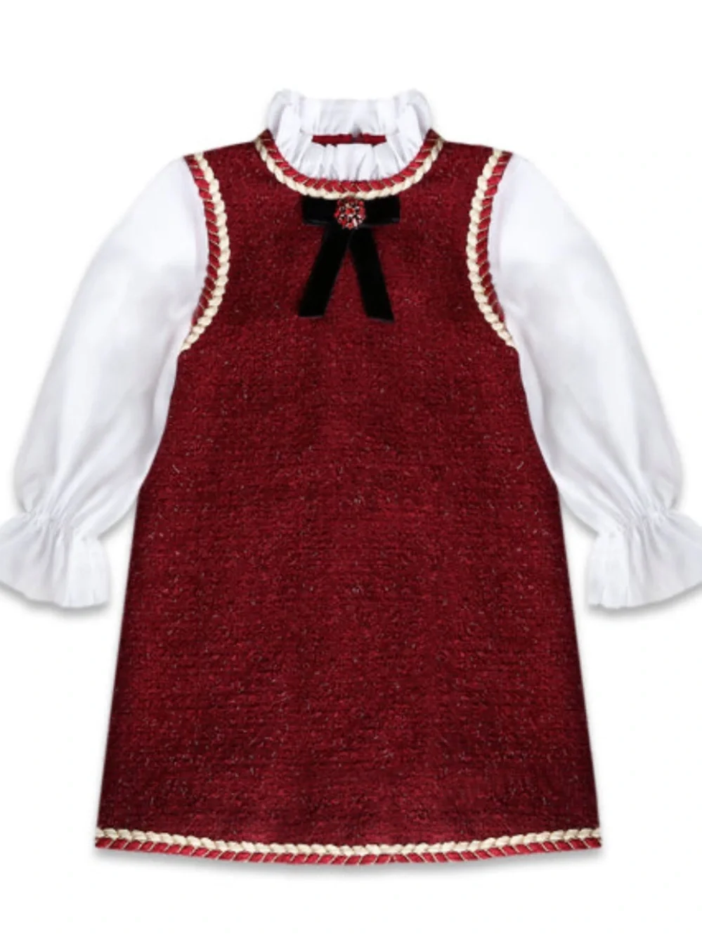 Luxelim Girls Burgundy Tweed Pinafore Dress with Velvet Bow Accent